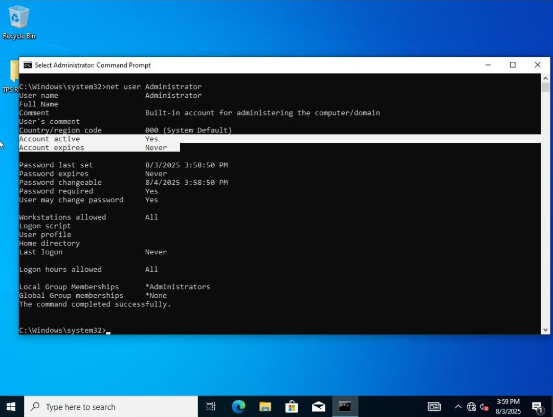 Enabling local admin account