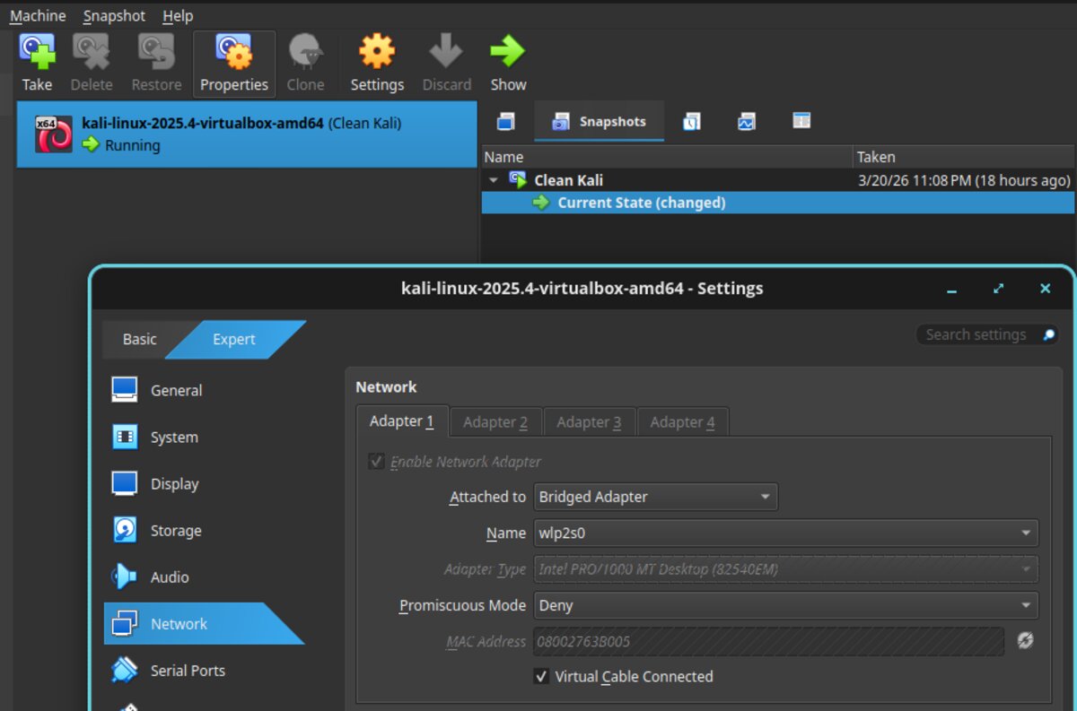 VirtualBox network adapter set to Bridged mode