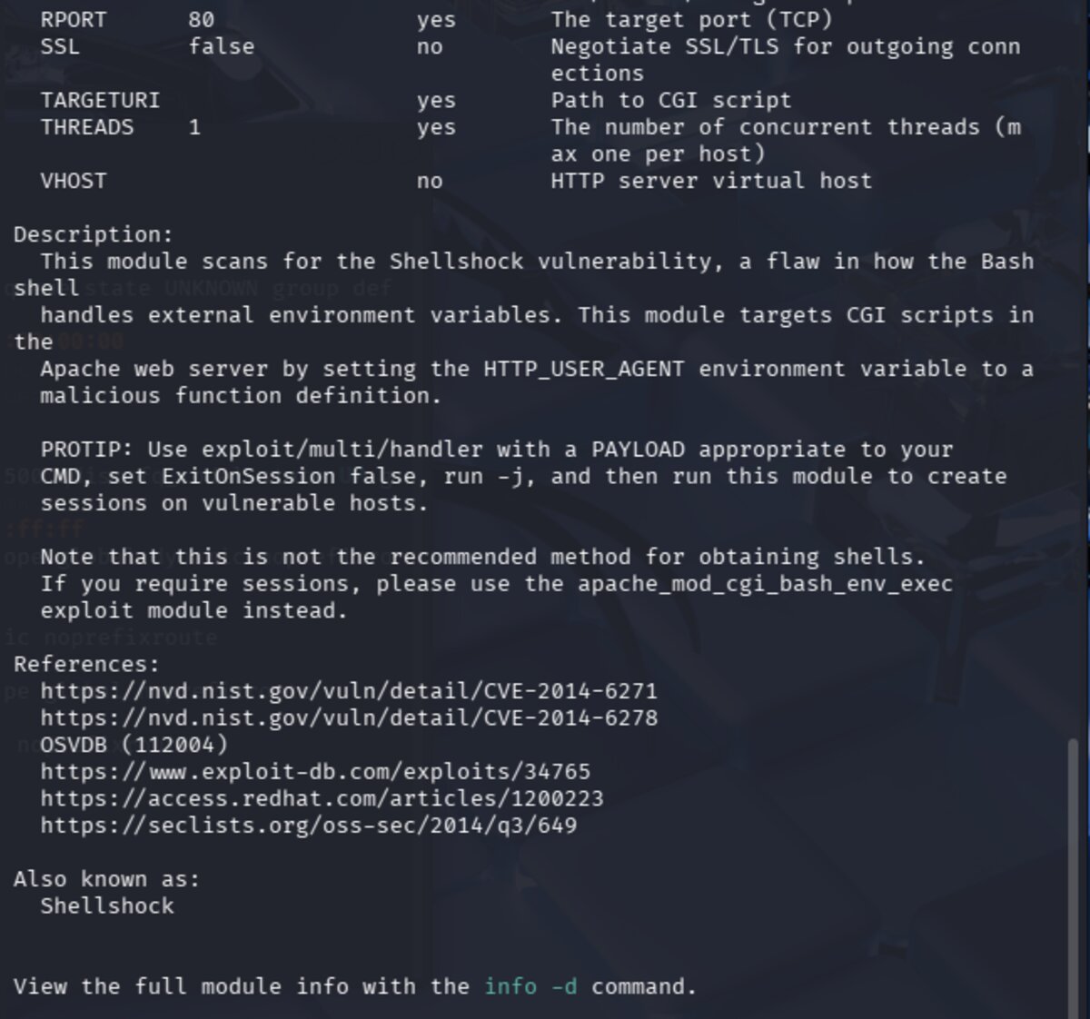 Module options showing TARGETURI and other required fields