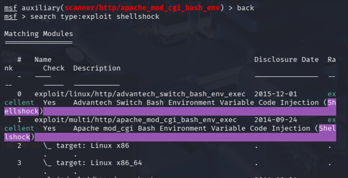 Scanner output confirming Shellshock vulnerability via uid output